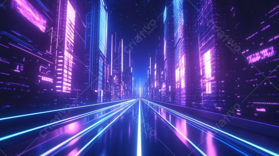 Cidade futurista neon luzes azuis e roxas na estrada noturna