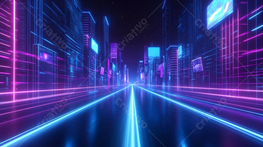 Cidade digital futurista com autoestrada de luzes neon vibrantes