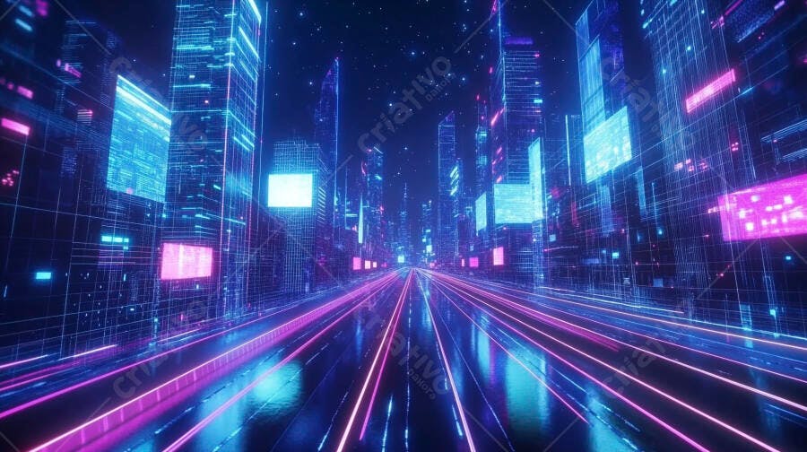 Cidade futurista noturna com luzes neon azuis e roxas em rua digital