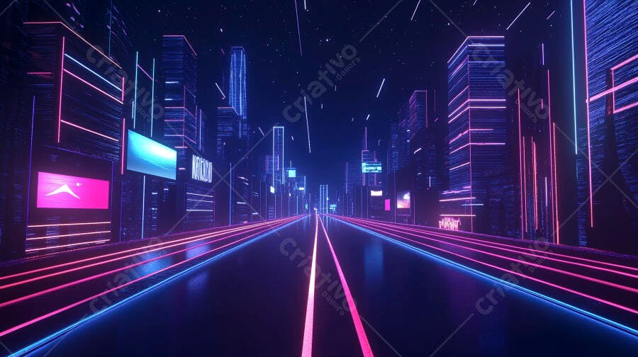 Cidade futurista com luzes neon rosa e azul e arranha-céus noturnos