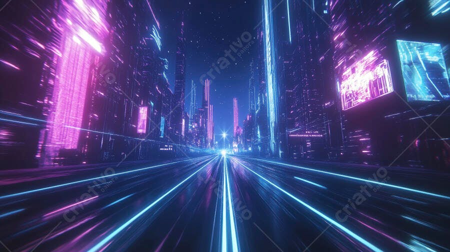 Cidade futurista noturna com arranha-céus e luzes neon azul e rosa intensa