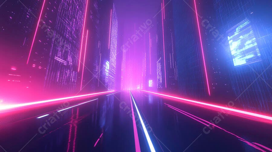 Rua futurista noturna com arranha-céus e luzes neon roxas e rosas vibrantes