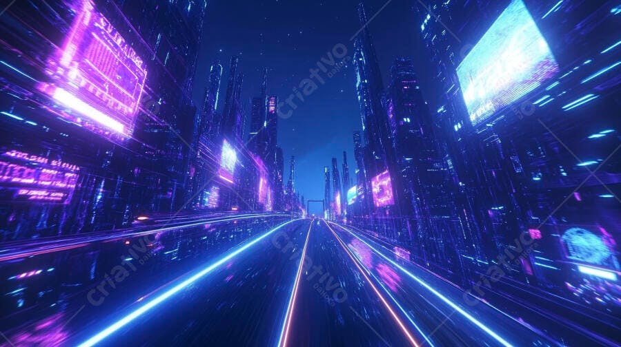Cidade futurista noturna com luzes neon azuis e roxas vibrantes