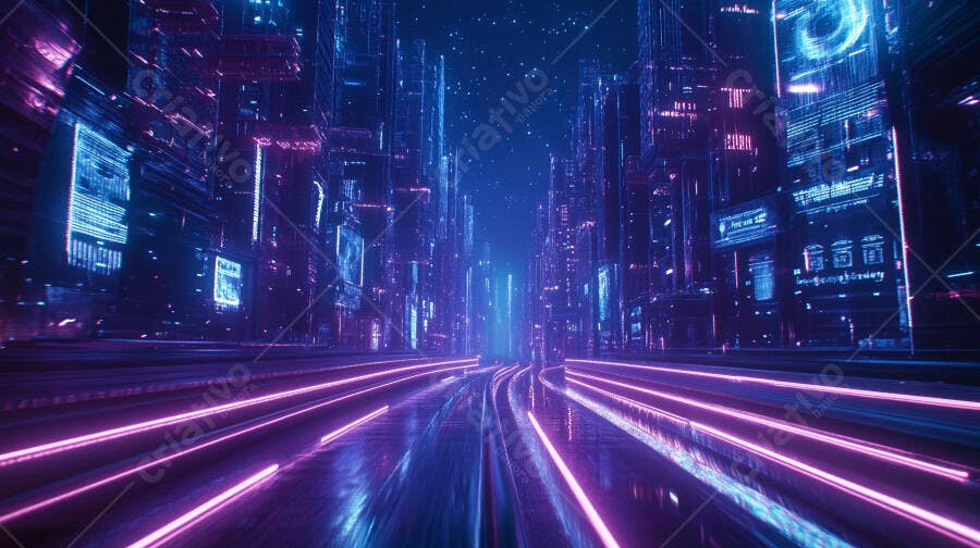 Cidade futurista neon luzes de néon roxas e azuis em estrada noturna