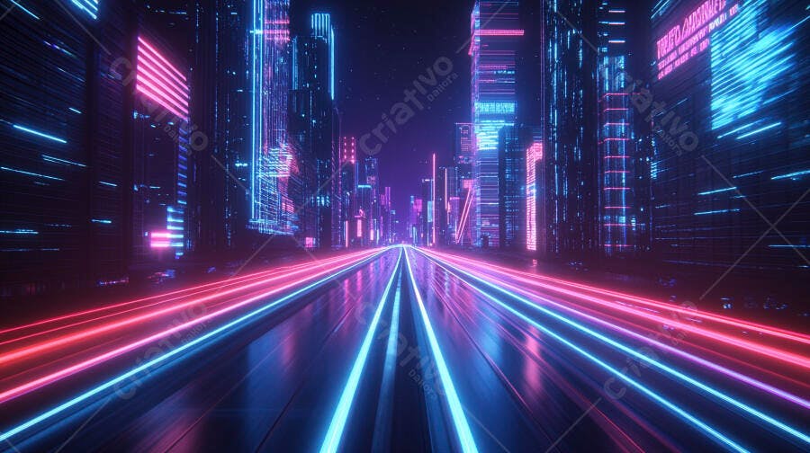 Cidade futurista com luzes neon azul e rosa em estrada urbana noturna
