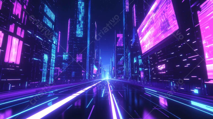 Cidade futurista com rua iluminada por luzes neon roxas e azuis em arquitetura digital