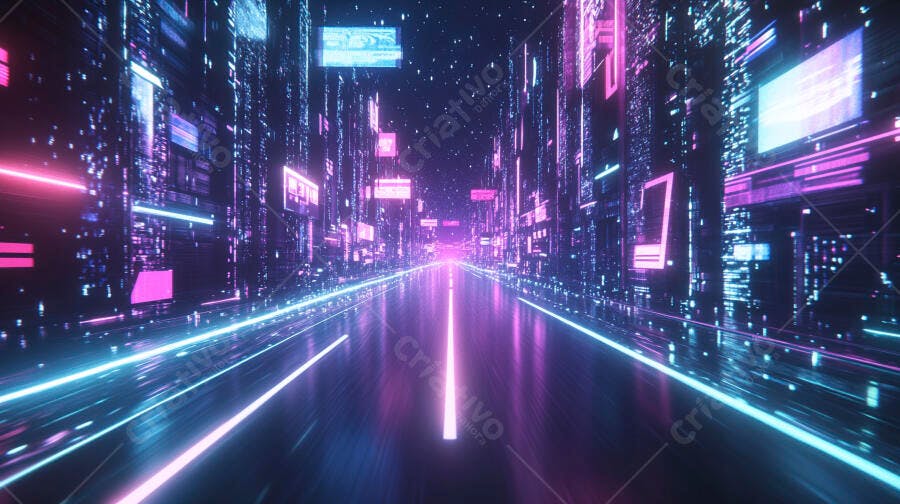 Cidade futurista com luzes neon rosa e azul intenso à noite