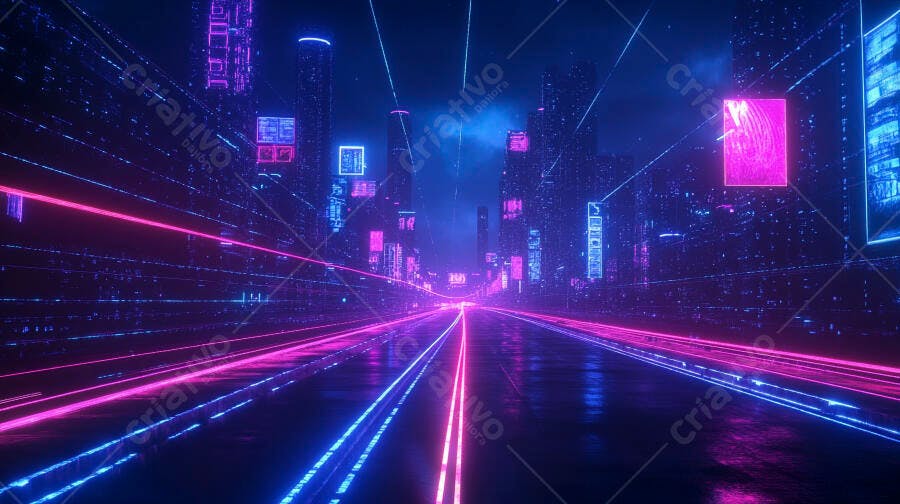 Cidade futurista com luzes neon rosa e azul na escuridão noturna
