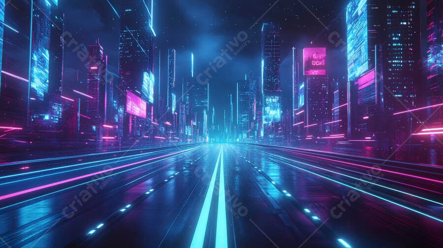 Paisagem urbana futurista noturna com ruas iluminadas por neon azul e rosa