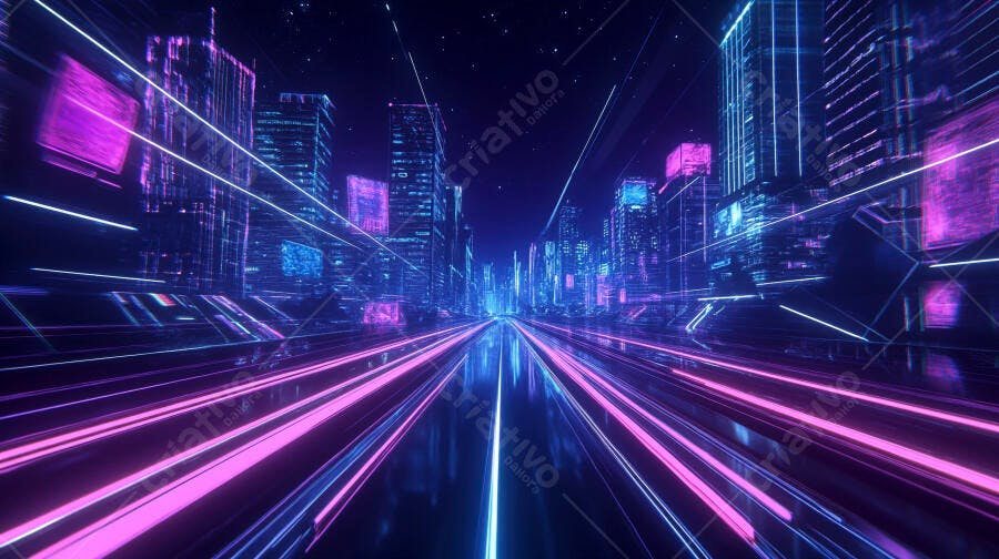 Cidade futurista com luzes neon rosa e azul vibrantes em estrada digital noturna