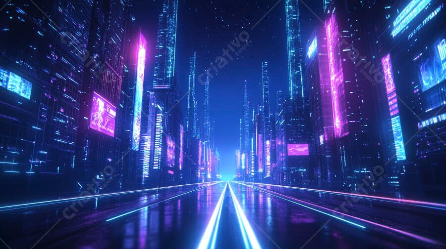 Cidade futurista neon com arranha-céus e estradas iluminadas à noite