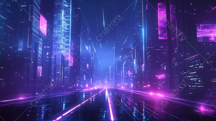 Cidade futurista neon azul e roxo com arranha-céus e rua iluminada