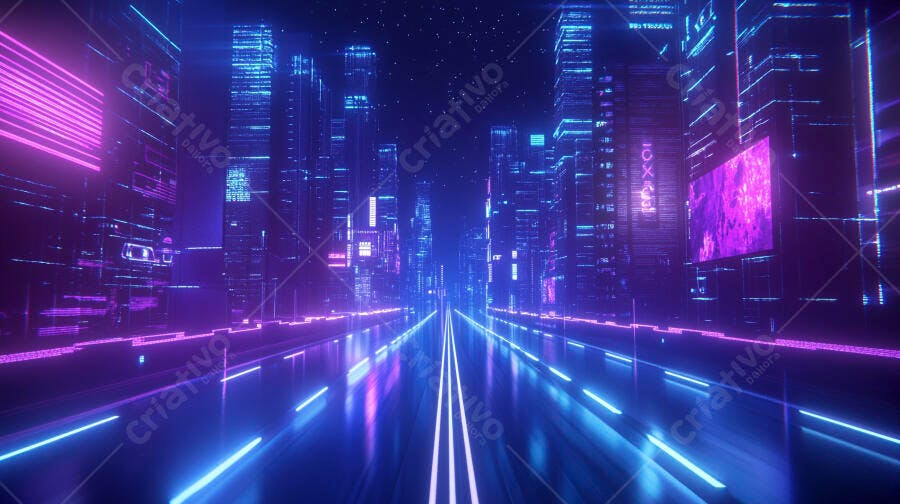 Cidade futurista com luzes neon vibrantes à noite