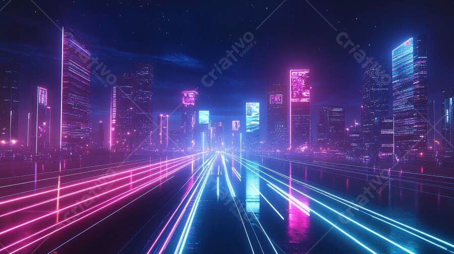 Cidade futurista neon com luzes azuis e rosas à noite
