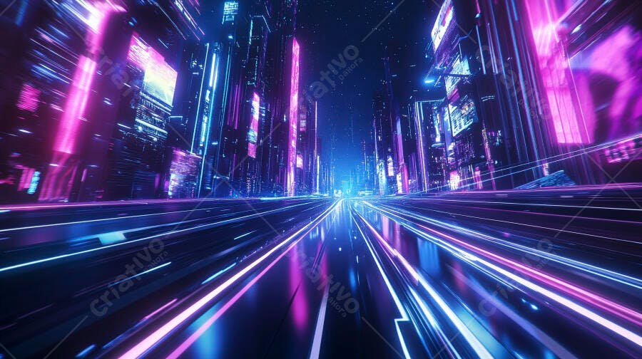 Cidade futurista com luzes neon rosa azul e roxo em rodovia noturna