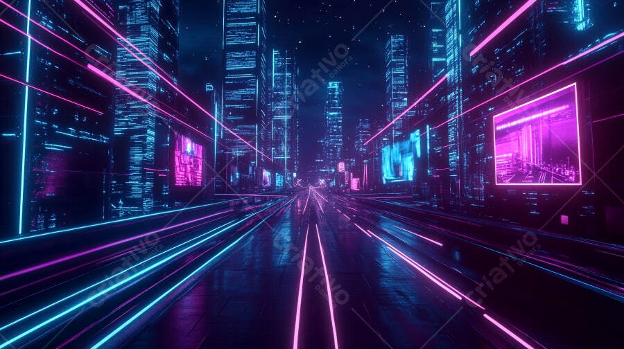 Cidade futurista com ruas iluminadas por luzes neon rosa e azul à noite