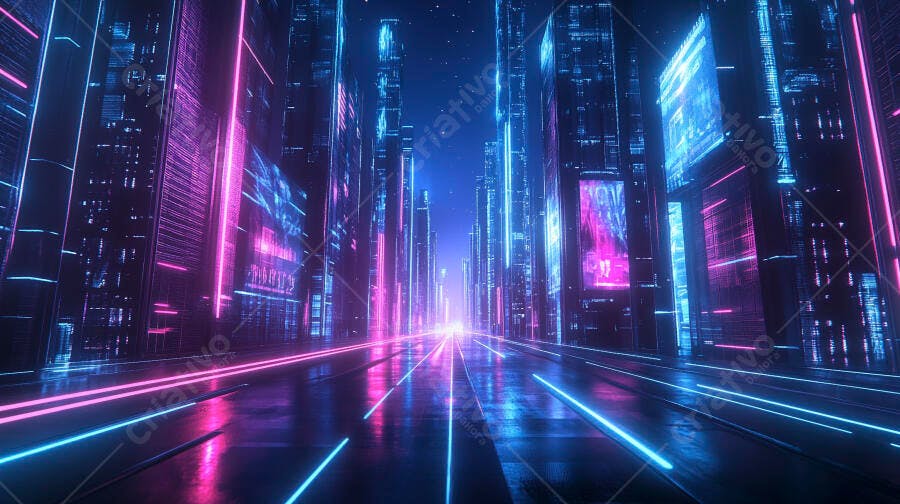 Cidade futurista neon com luzes azuis e rosas vibrantes na rua escura