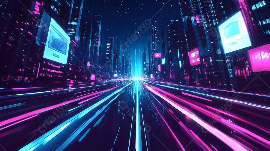 Cidade futurista com luzes neon vibrantes na noite