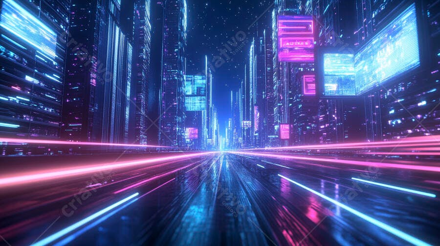 Cidade futurista neon luzes azul e rosa estrada digital veloz