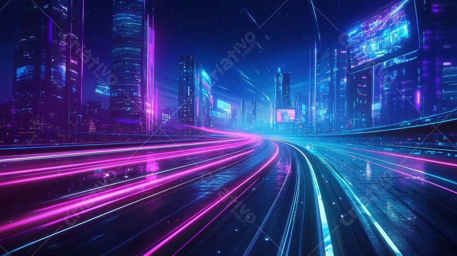 Cidade futurista com rodovia noturna e rastros de luz neon azul e rosa