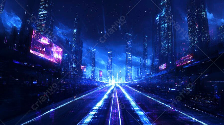 Cidade futurista noturna com arranha-céus e luzes neon vibrantes