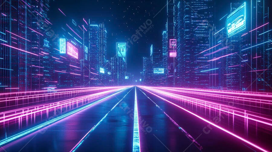 Cidade futurista neon com luzes vibrantes rosa e azul à noite