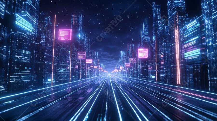 Cidade futurista digital noturna com luzes neon vibrantes e estrelas
