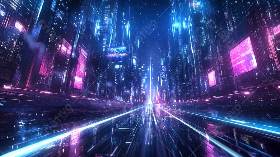 Cidade futurista luzes neon azul roxo arranha-céus digitais e rua brilhante