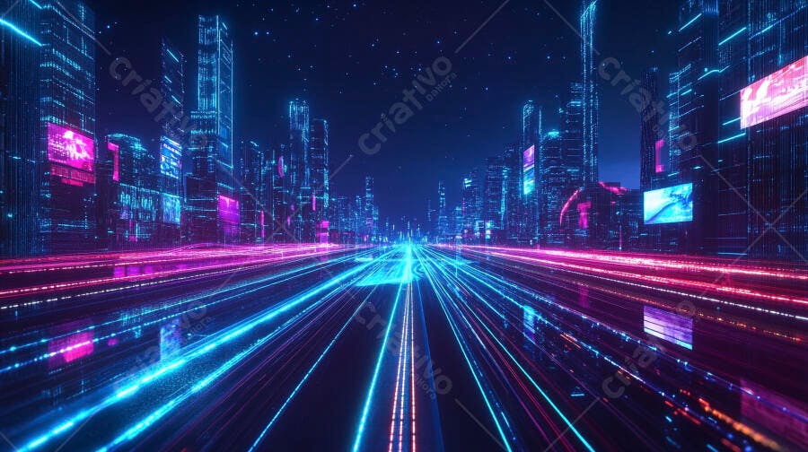 Cidade futurista iluminada néon azul e rosa visão noturna