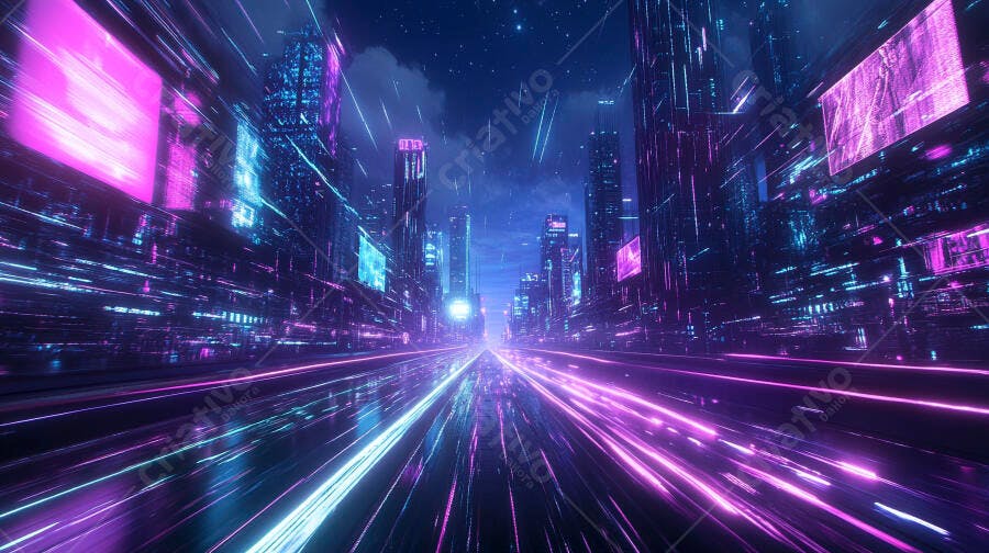 Rua futurista noturna cidade com luzes neon azul roxo velocidade