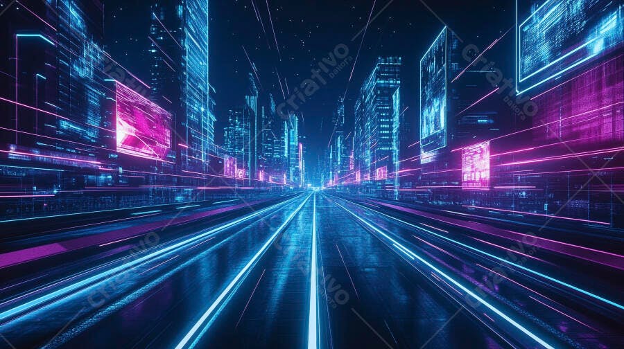 Cidade futurista com luzes neon azuis e roxas à noite em rua dinâmica