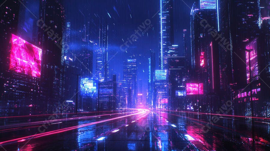 Metrópole futurista com luzes neon vibrantes e rua molhada na chuva noturna