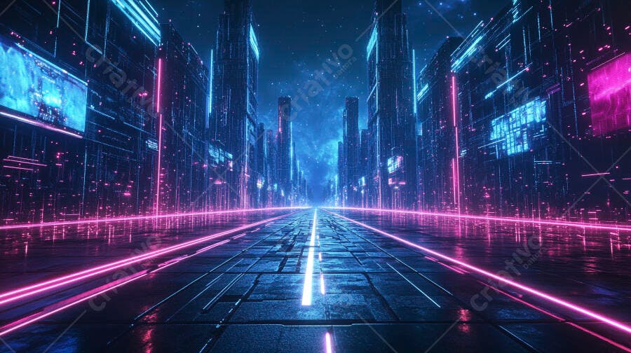 Cidade futurista neon com luzes azuis e rosas à noite