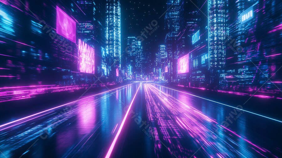 Rua de cidade futurista com luzes neon vibrantes azuis e rosas à noite