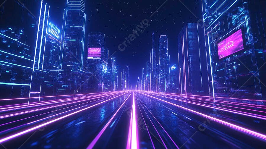 Cidade futurista com luzes neon azuis e roxas em arranha-céus digitais à noite