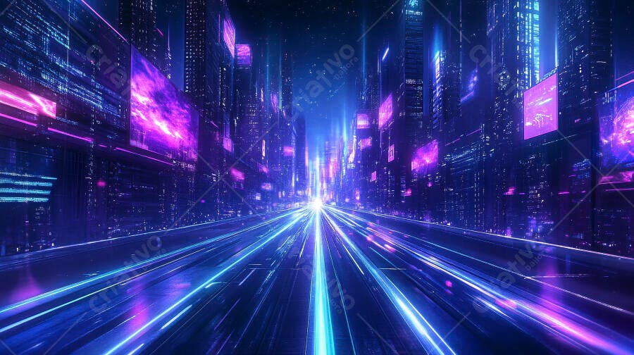 Cidade futurista noturna com luzes neon azuis roxas e trilhas de velocidade