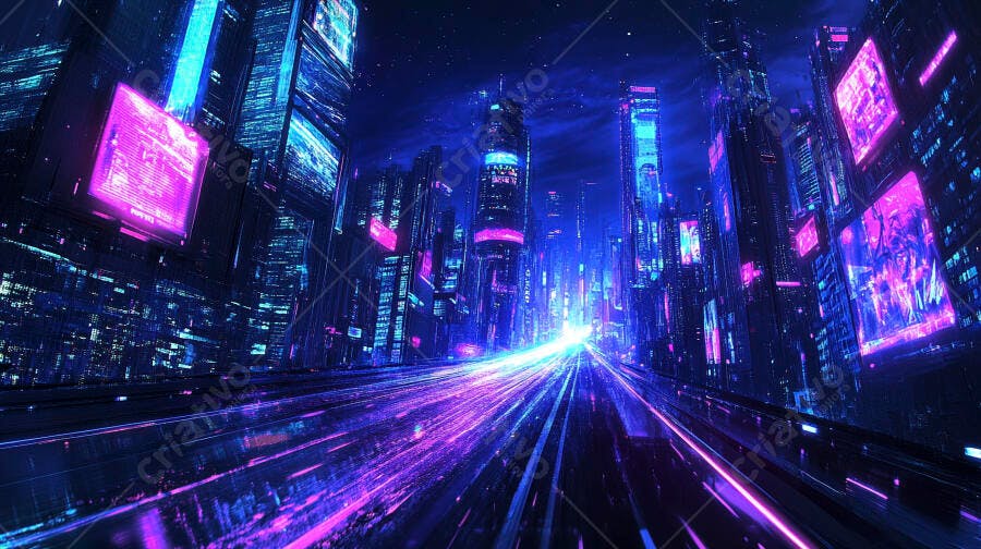 Cidade futurista neon azul e roxa à noite com arranha-céus e trilhas de luz