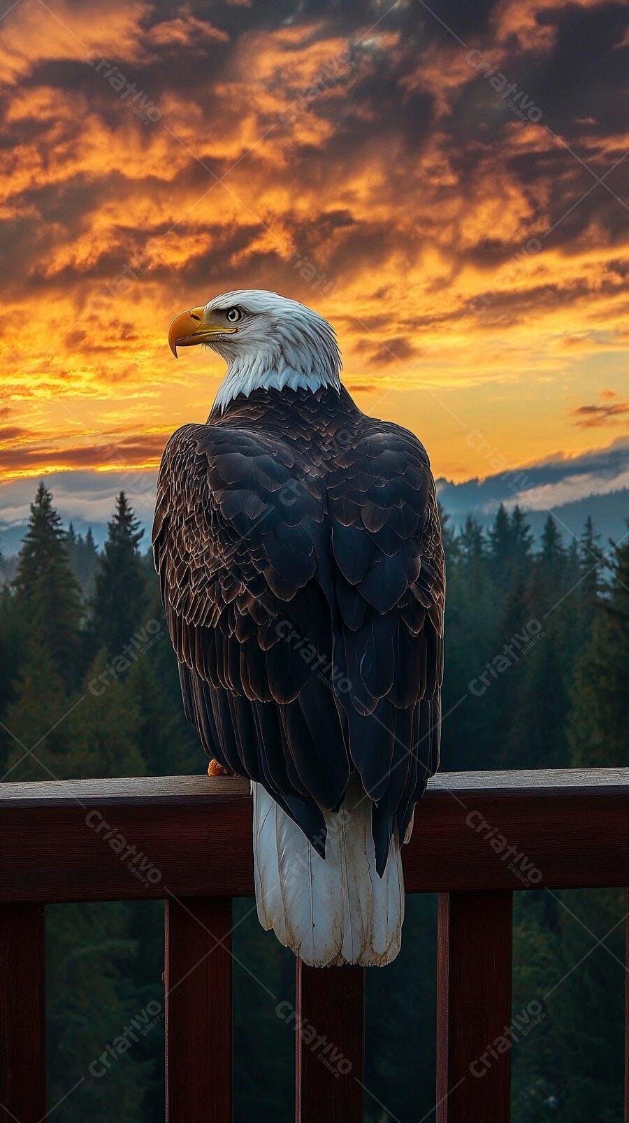Águia-careca majestosa em pôr do sol laranja nas montanhas