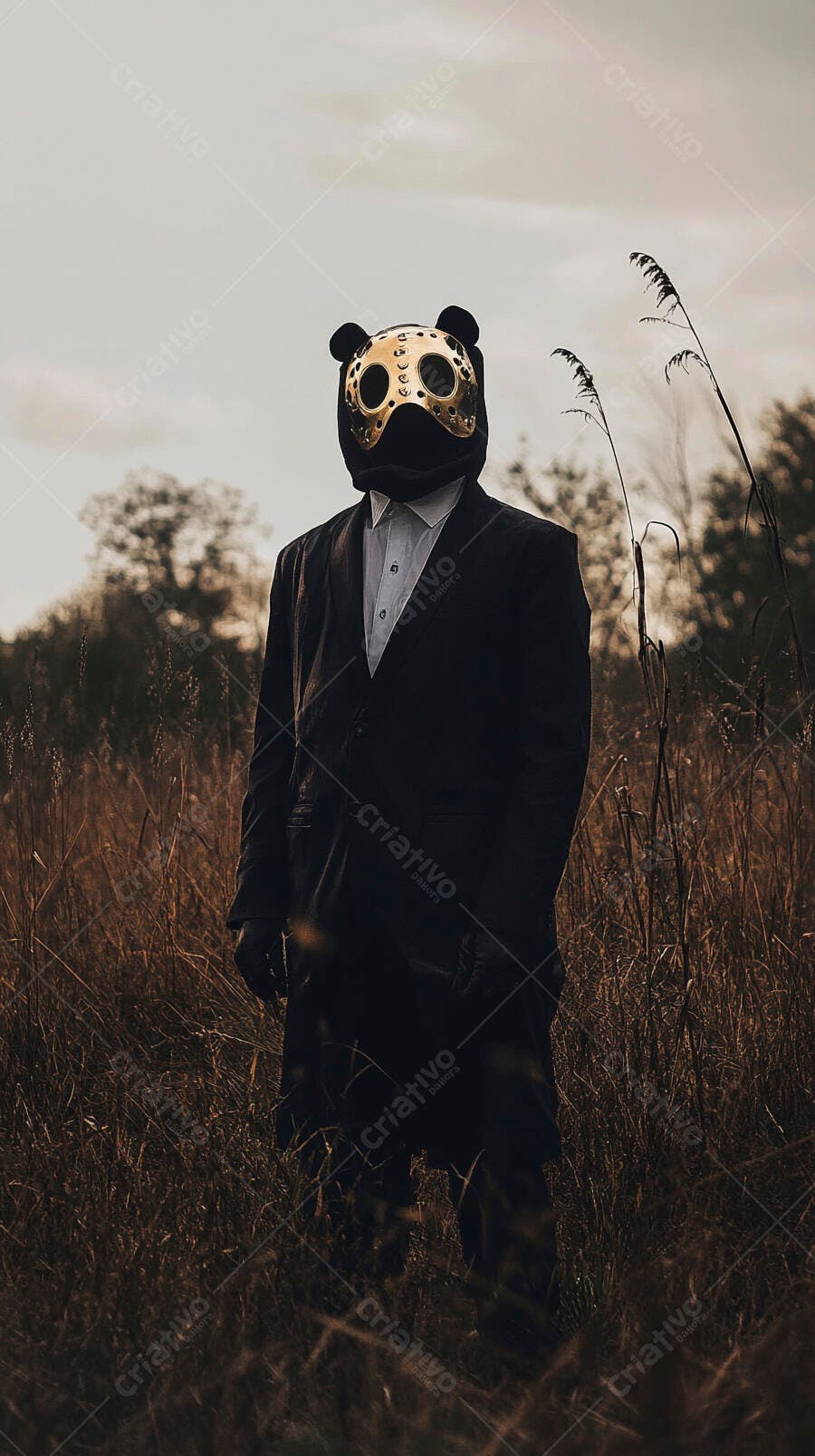 Homem com máscara de urso dourada e terno preto em campo seco ao entardecer