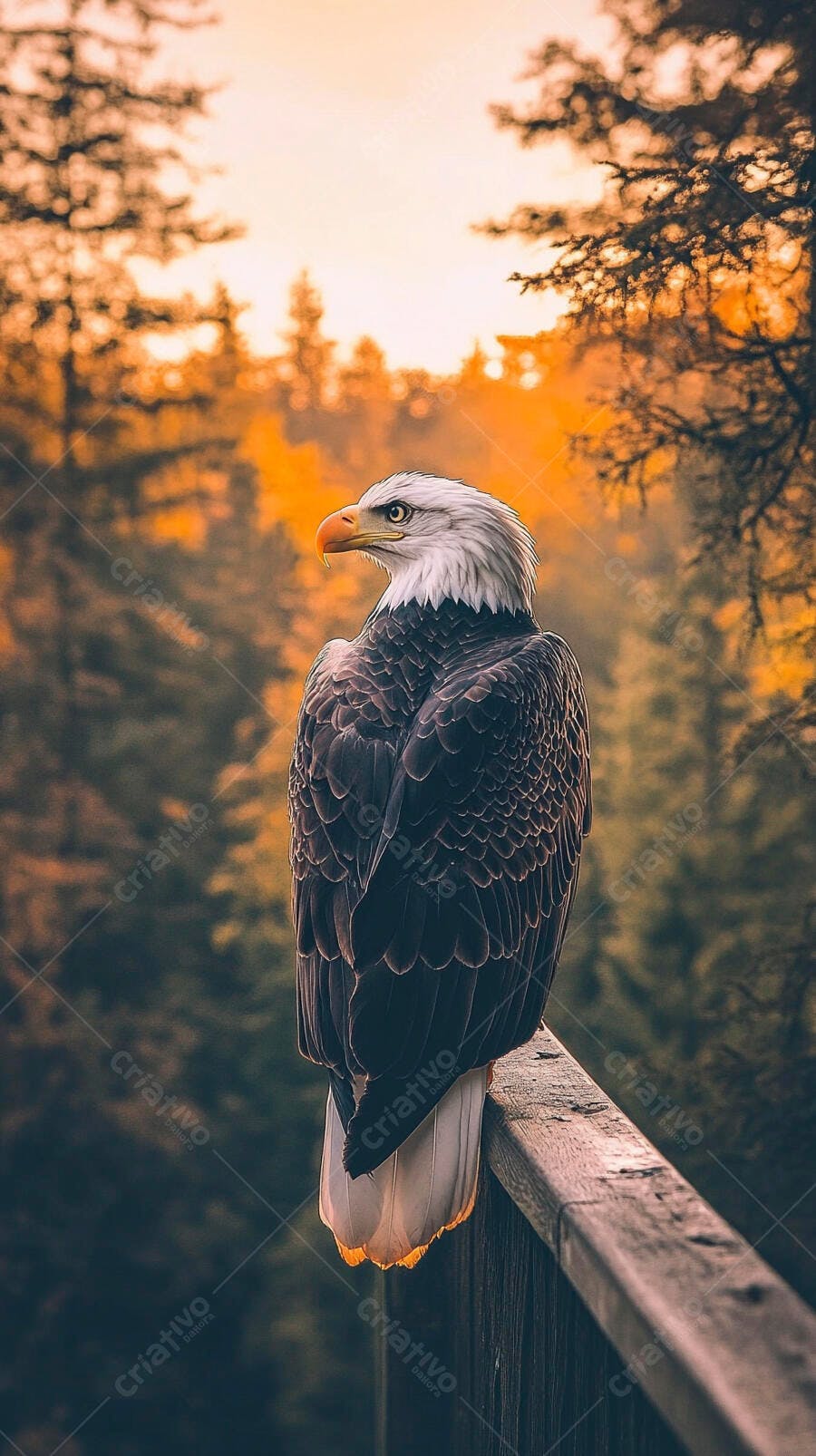 Águia careca majestosa em floresta de cores quentes ao pôr do sol ou outono