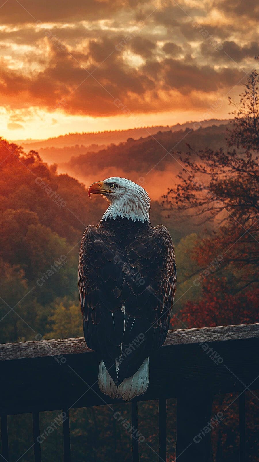 Águia careca majestosa nas montanhas ao pôr do sol laranja vibrante