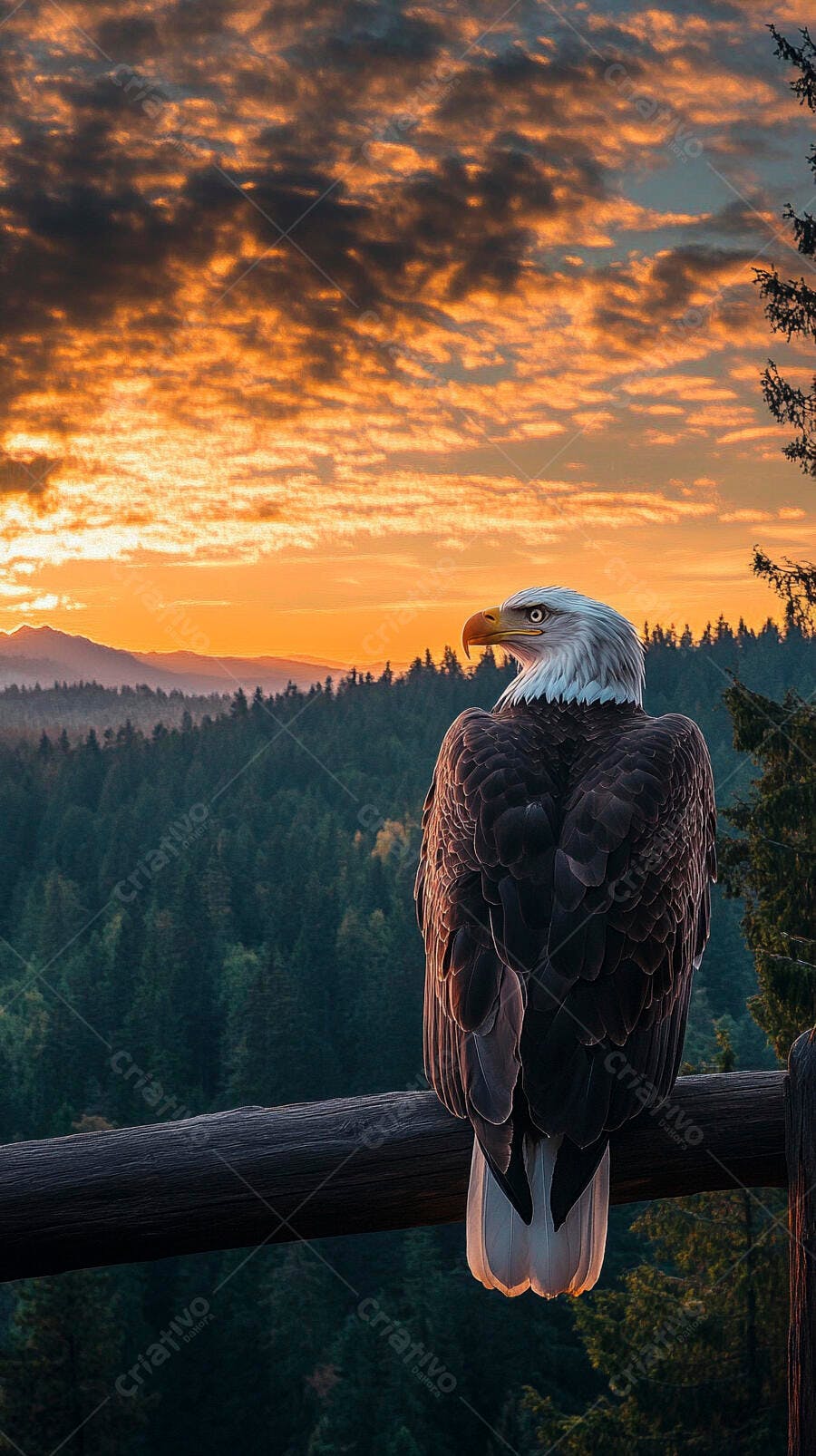 Águia-careca majestosa ao pôr do sol sobre floresta montanhosa