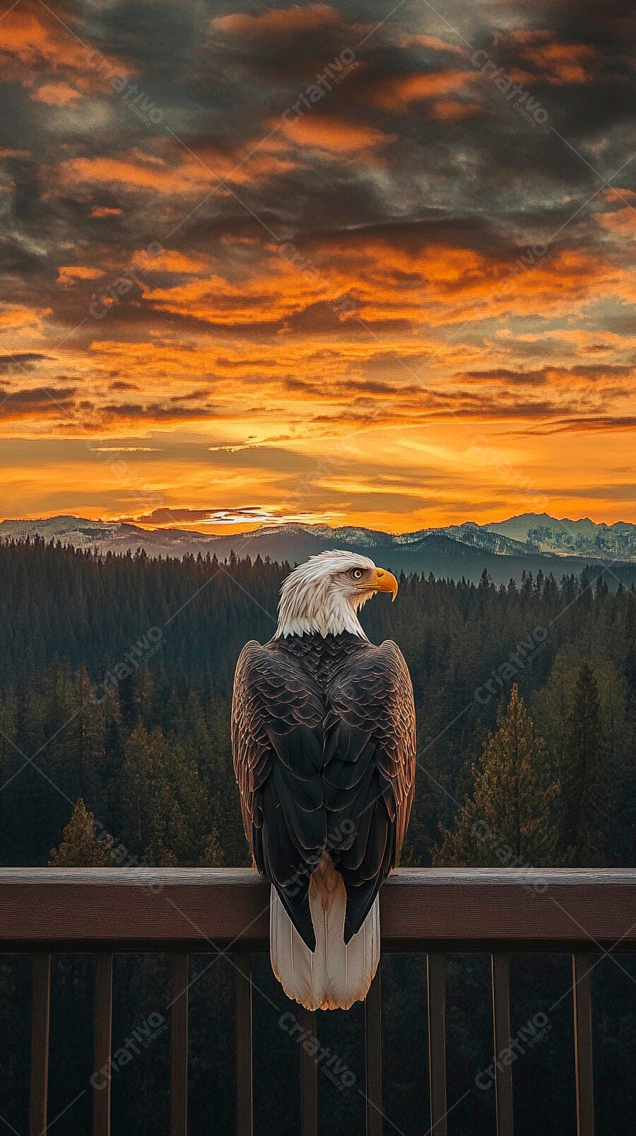 Águia careca majestosa observando floresta e montanhas ao pôr do sol alaranjado