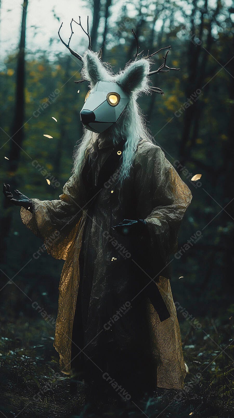 Personagem mística de veado na floresta escura com luzes douradas