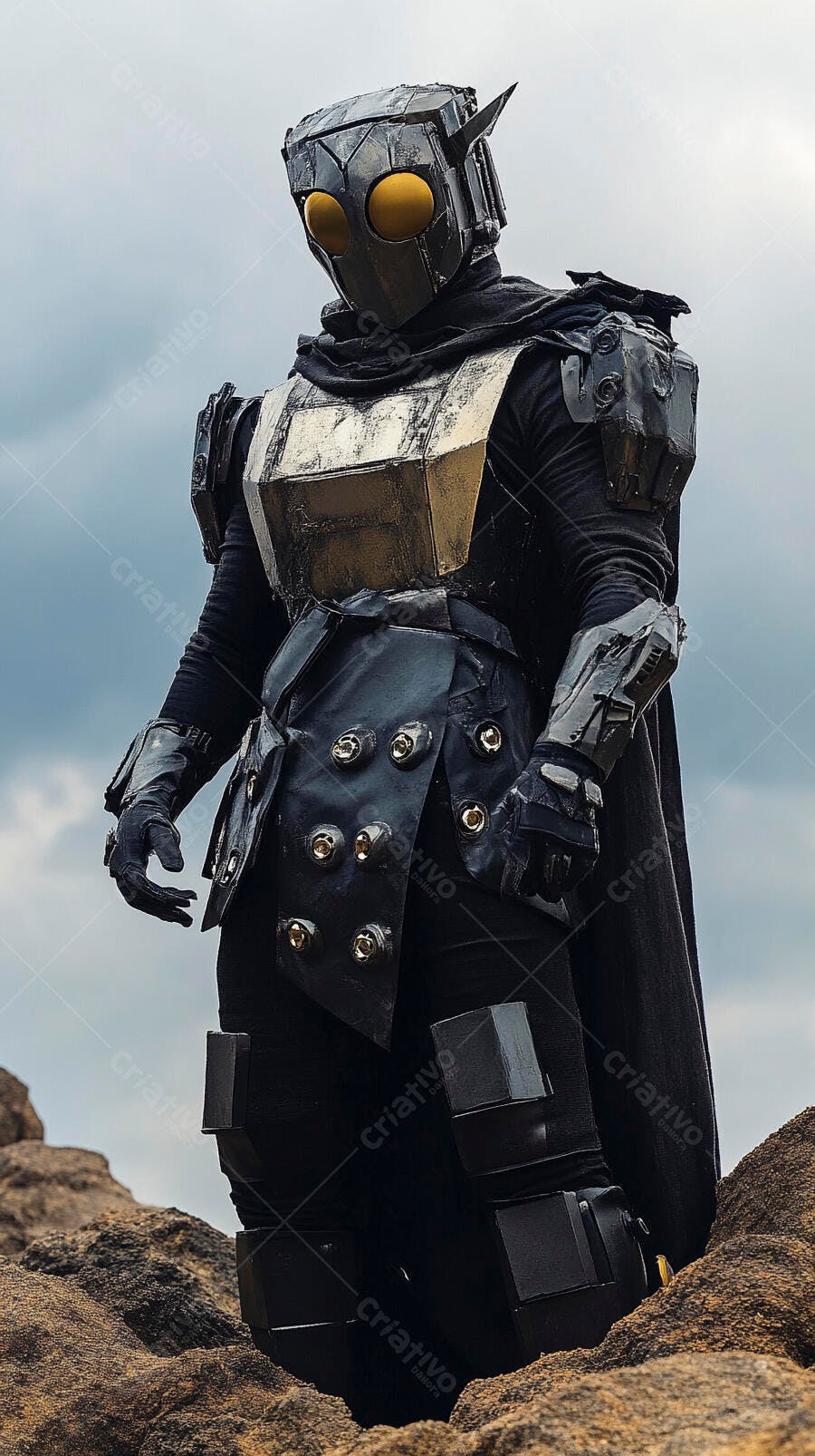 Personagem futurista com armadura preta e dourada em terreno rochoso sob céu nublado