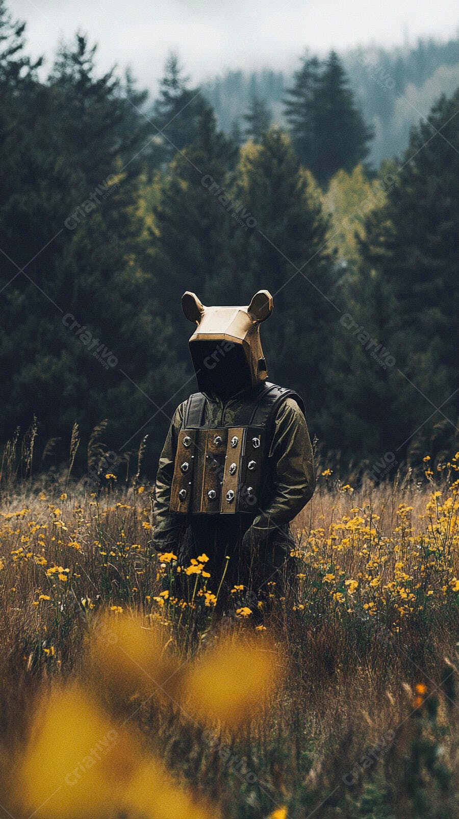 Personagem misterioso com capacete de urso em campo de flores amarelas