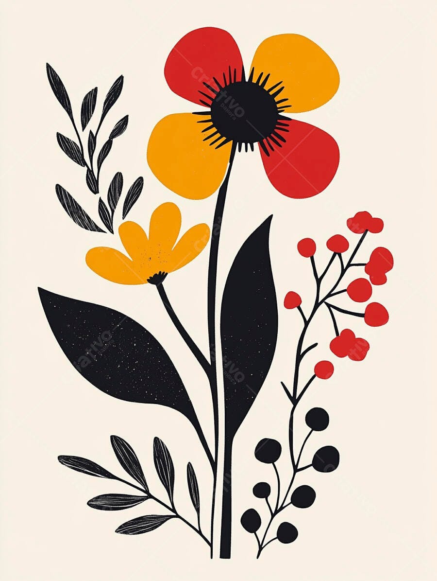 Ilustração abstrata de flores vermelhas e laranjas com folhagens pretas em fundo claro