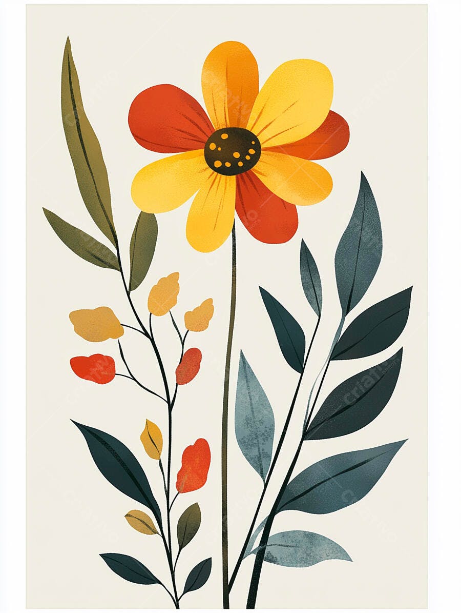 Flor amarela e laranja ilustração minimalista com folhas em fundo claro