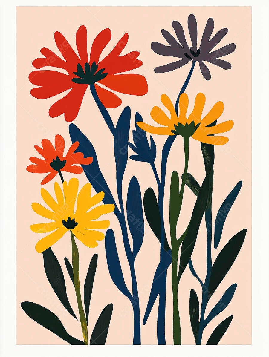 Flores coloridas ilustração botânica abstrata em tons vibrantes de vermelho amarelo e azul
