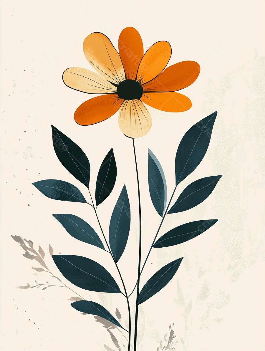 Flor laranja e creme com folhas azul escuras ilustração botânica moderna